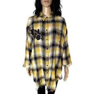 Anthropologie Maeve Oversized Button Down Flannel Top Yellow Black Size M/L
